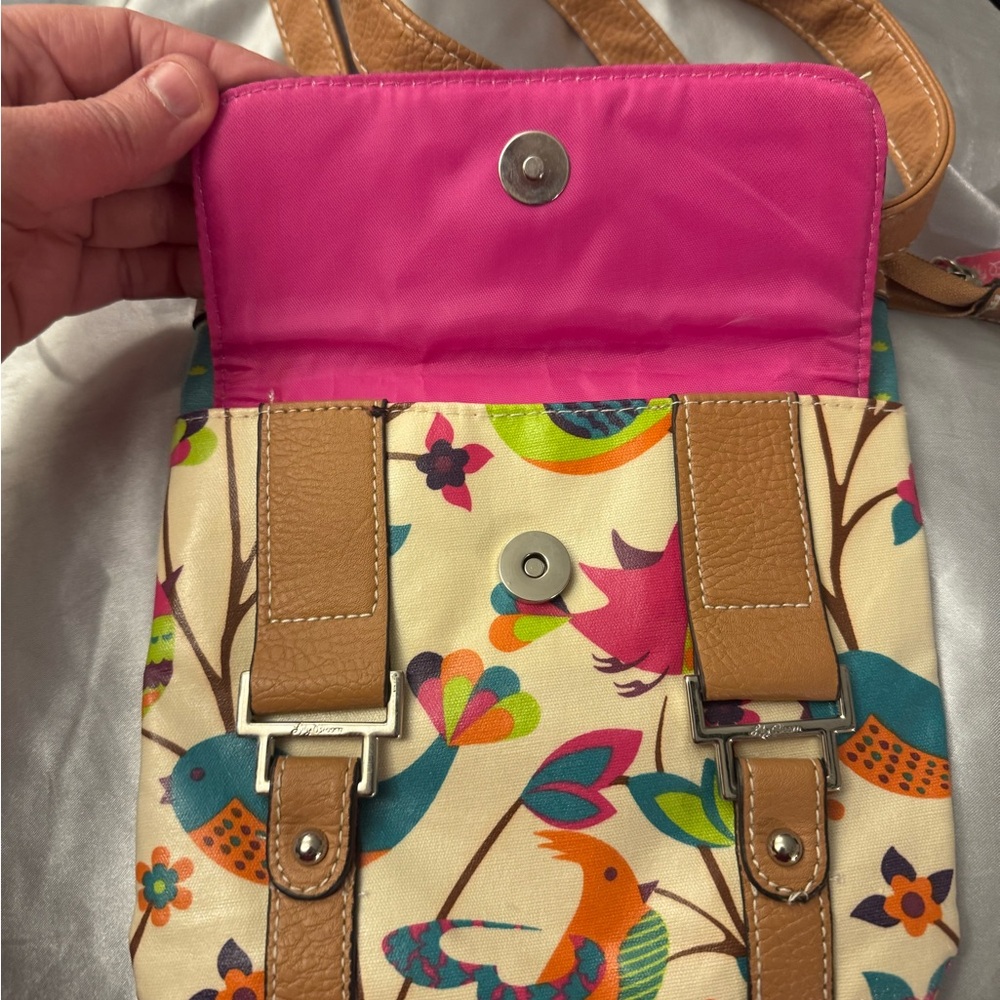 Lily bloom colorful green, pink, blue bird pattern small crossbody purse bag EUC - Picture 7 of 8